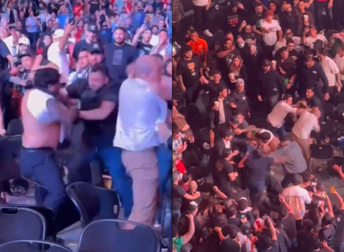 Image showing a crowded arena during UFC Fight Night 237 in Mexico City, with fans engaging in a brawl. UFC CEO Dana White addresses the incident, emphasizing the need for improved security measures.